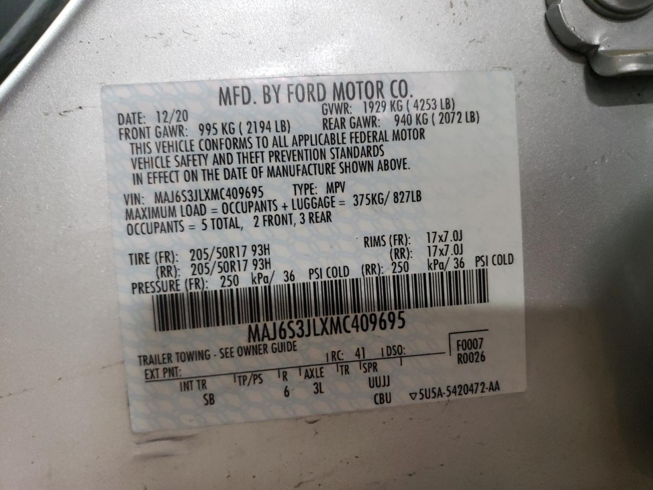 VIN MAJ6S3JLXMC409695 2021 FORD ECOSPORT no.12