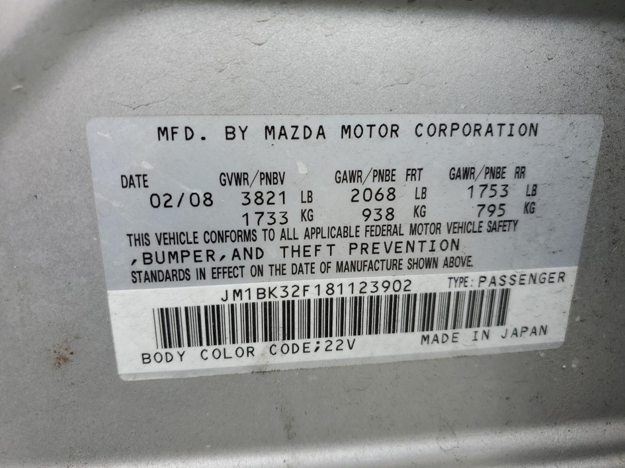 2008 Mazda 3 I VIN: JM1BK32F181123902 Lot: 81722014