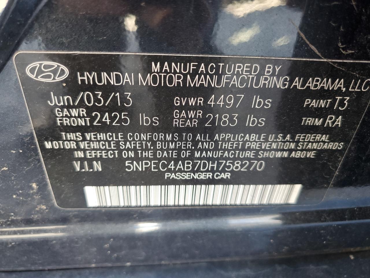 2013 Hyundai Sonata Se VIN: 5NPEC4AB7DH758270 Lot: 79354934