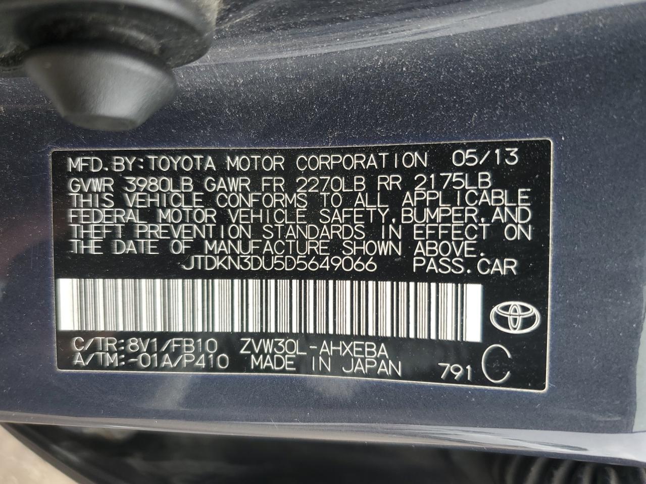 VIN JTDKN3DU5D5649066 2013 TOYOTA PRIUS no.12