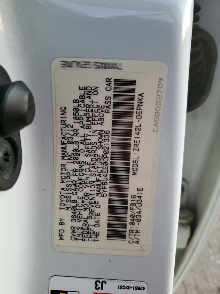 2012 Toyota Corolla Base VIN: 5YFBU4EE0CP021336 Lot: 81345284