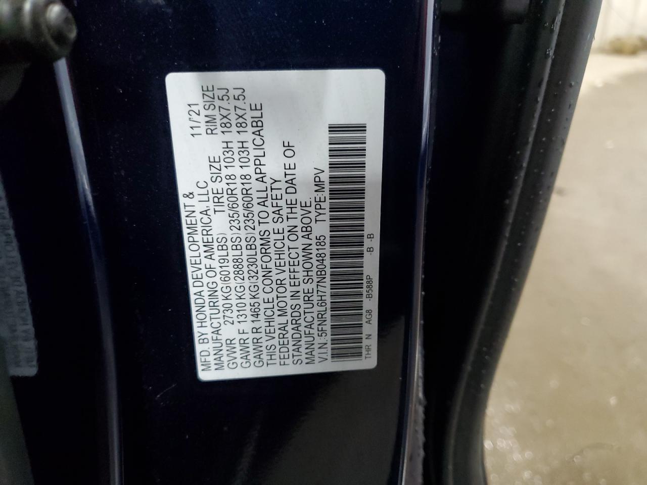 2022 Honda Odyssey Exl VIN: 5FNRL6H77NB048185 Lot: 79962354