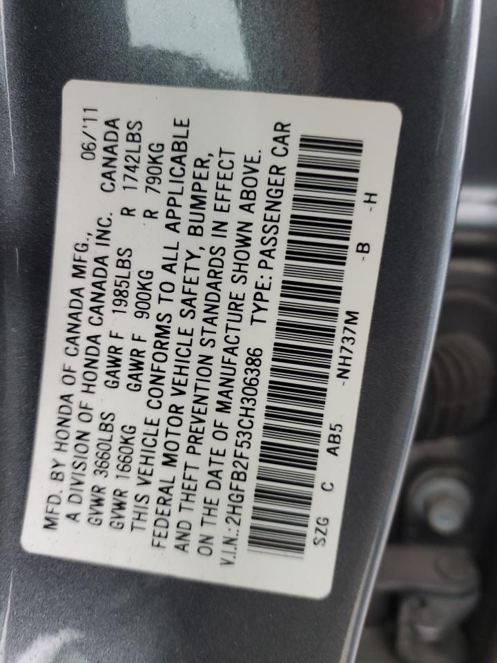 2012 Honda Civic Lx VIN: 2HGFB2F53CH306386 Lot: 80971294