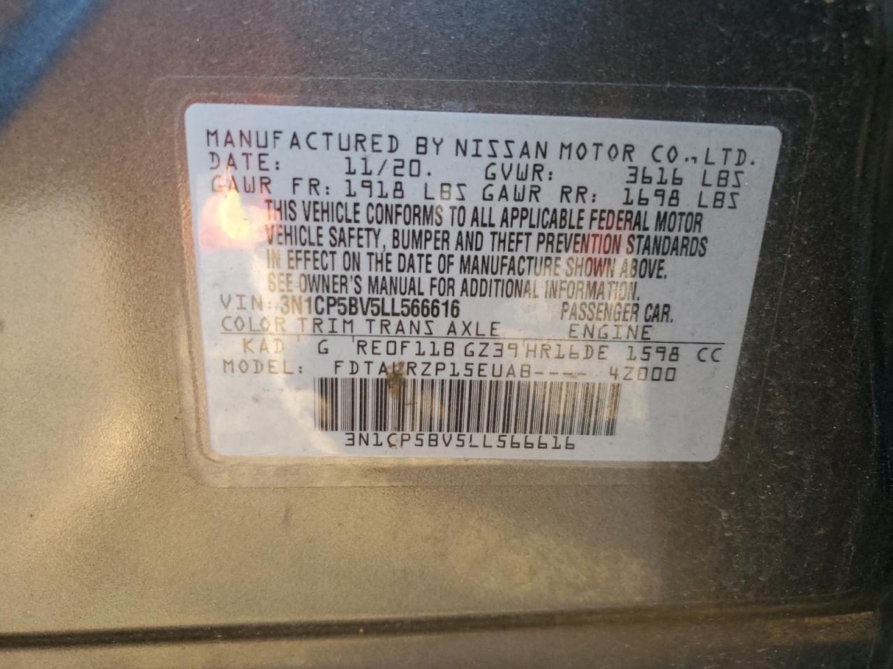2020 Nissan Kicks S VIN: 3N1CP5BV5LL566616 Lot: 81881814