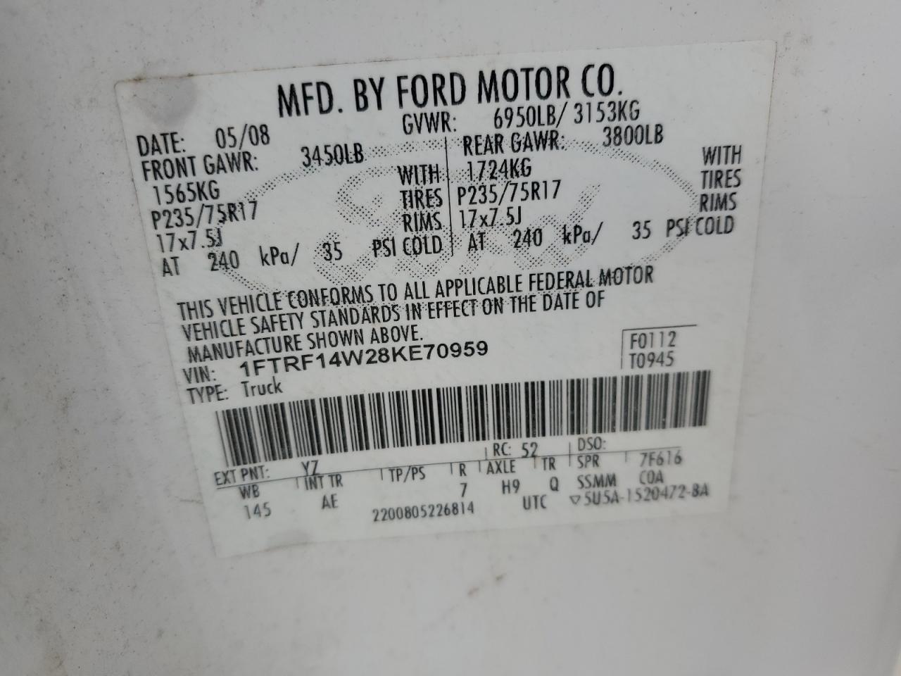 2008 Ford F150 VIN: 1FTRF14W28KE70959 Lot: 81728334