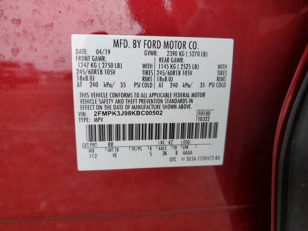 VIN 2FMPK3J98KBC00502 2019 FORD EDGE no.13