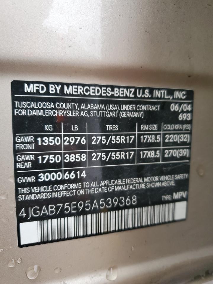 2005 Mercedes-Benz Ml 500 VIN: 4JGAB75E95A539368 Lot: 80303264