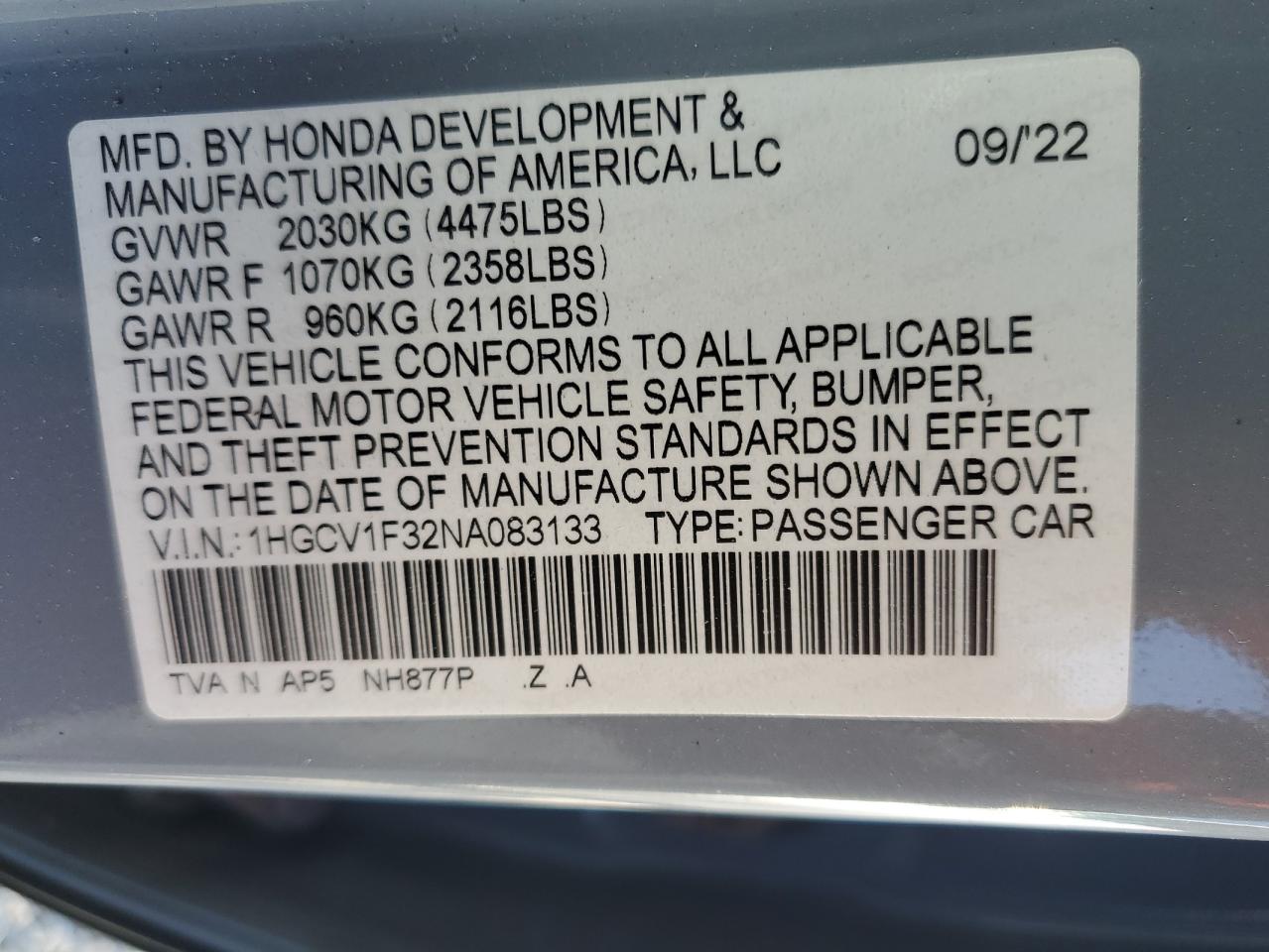 VIN 1HGCV1F32NA083133 2022 HONDA ACCORD no.13