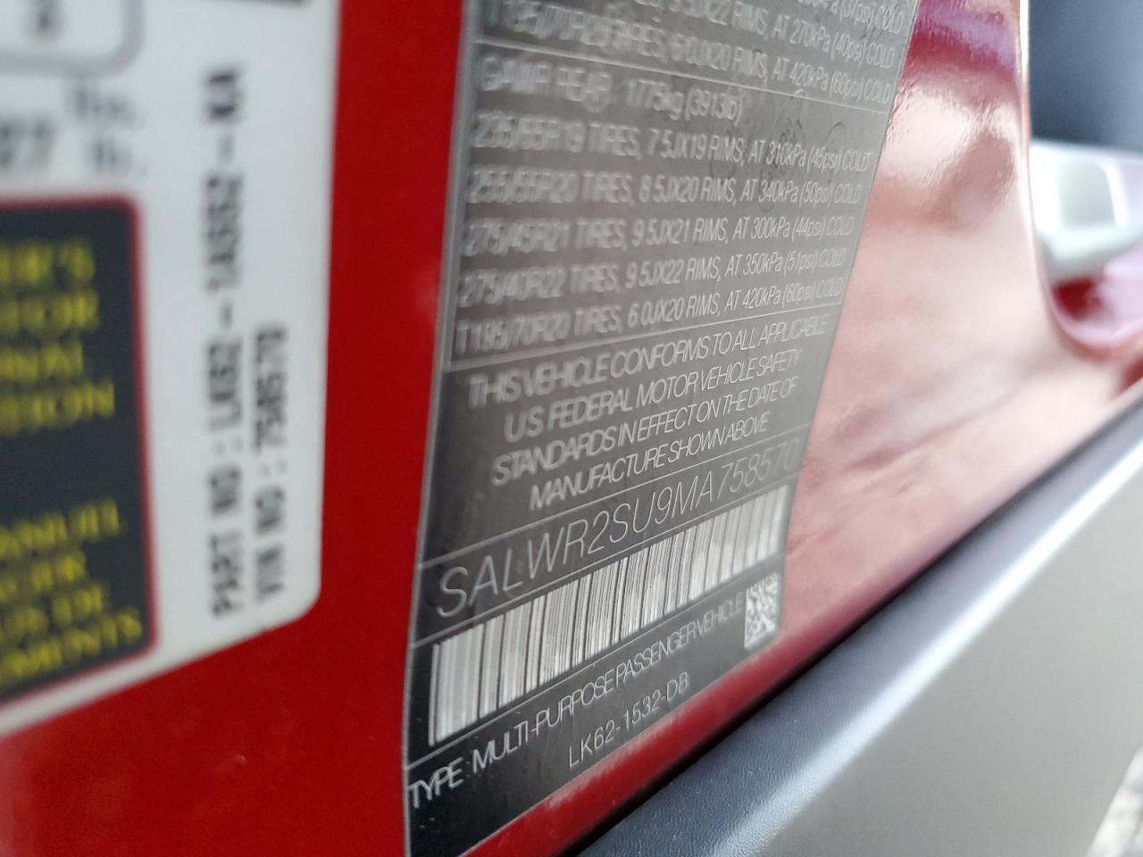 Auction sale of the 2021 LAND ROVER RANGEROVER , vin: SALWR2SU9MA758570, lot number: 82279154