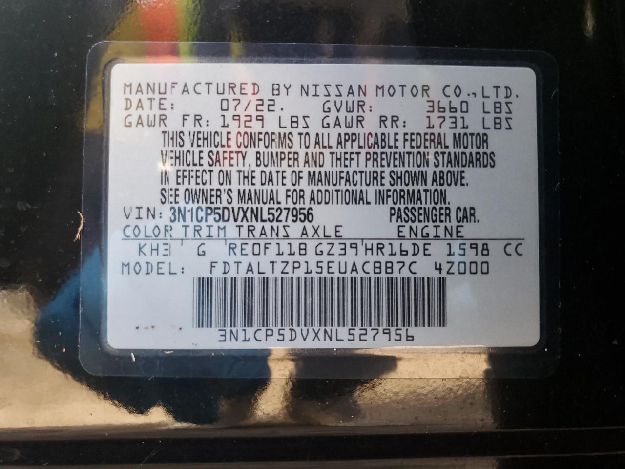 2022 Nissan Kicks Sr VIN: 3N1CP5DVXNL527956 Lot: 76520664