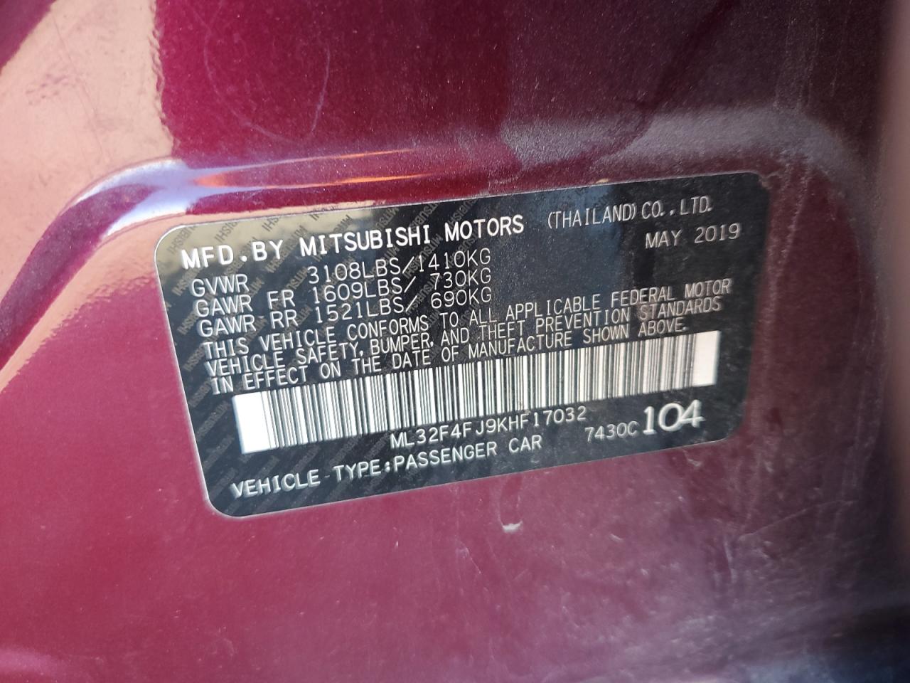 VIN ML32F4FJ9KHF17032 2019 MITSUBISHI MIRAGE no.12