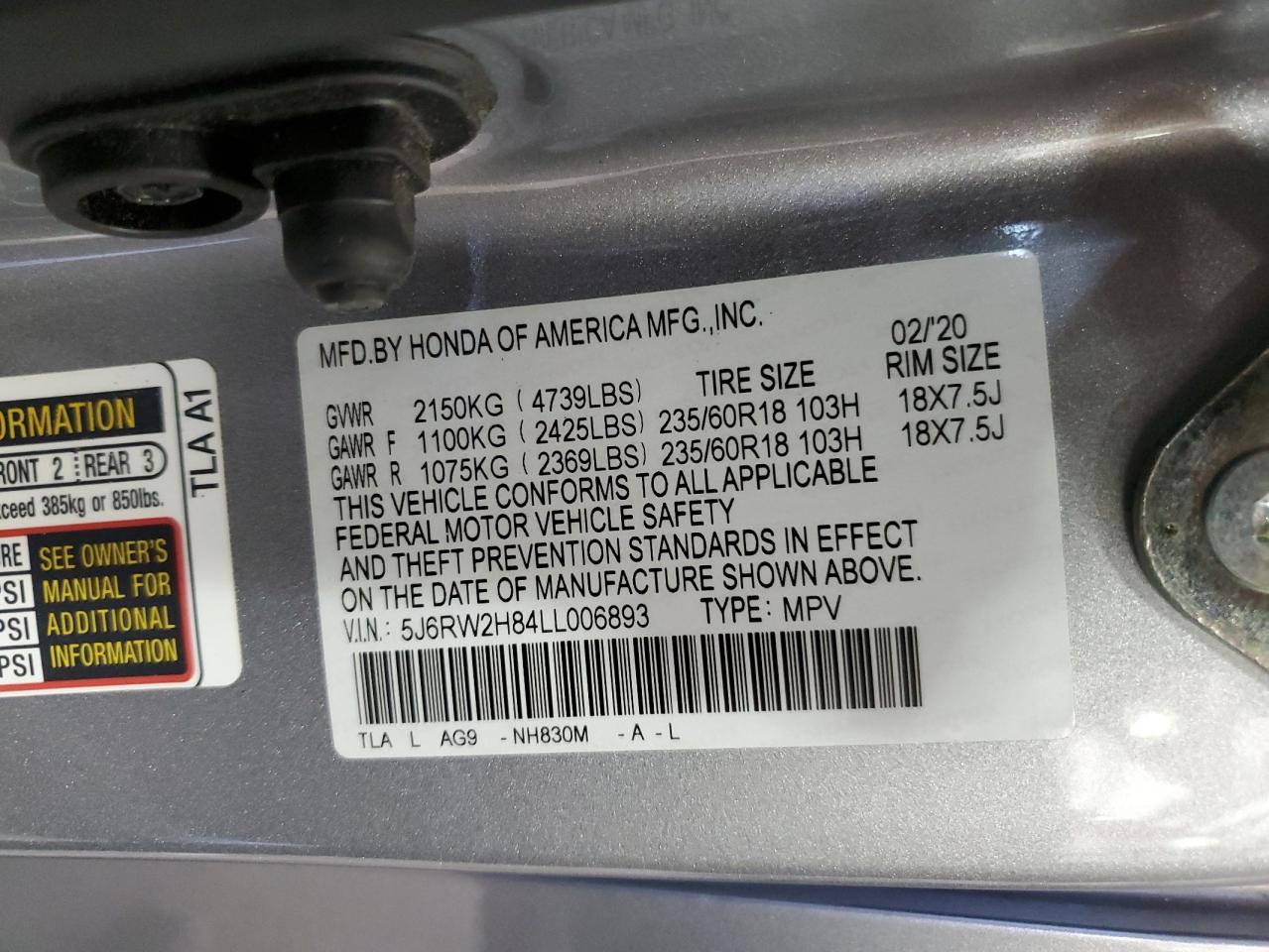 2020 Honda Cr-V Exl VIN: 5J6RW2H84LL006893 Lot: 78406894