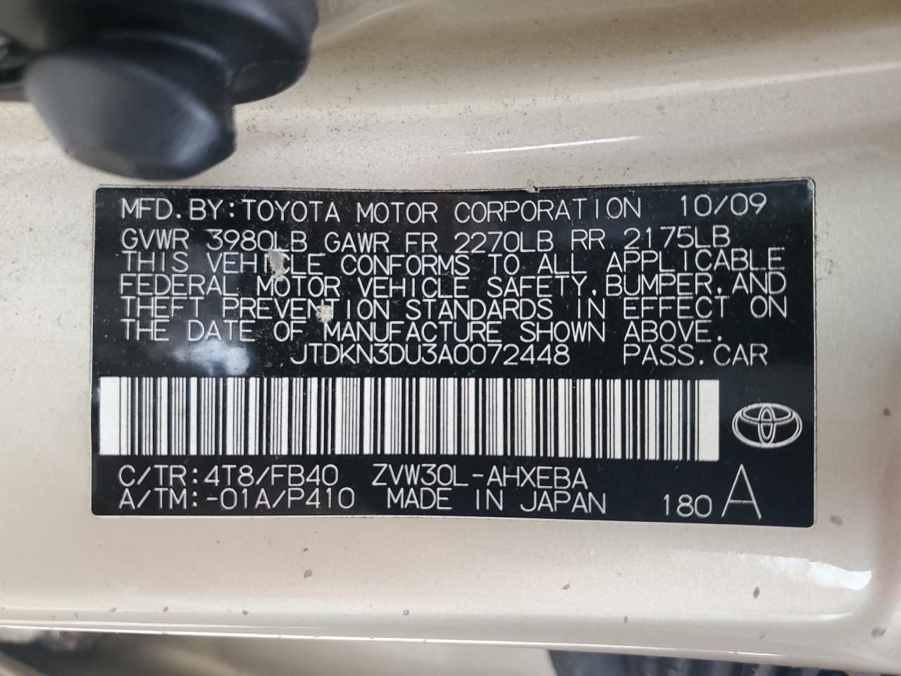 2010 Toyota Prius VIN: JTDKN3DU3A0072448 Lot: 80153014