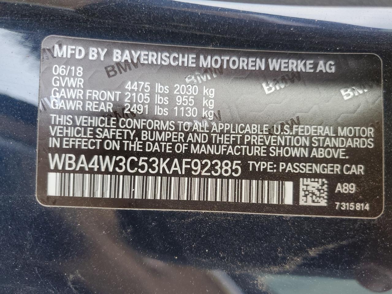 2019 BMW 430I VIN: WBA4W3C53KAF92385 Lot: 81387544