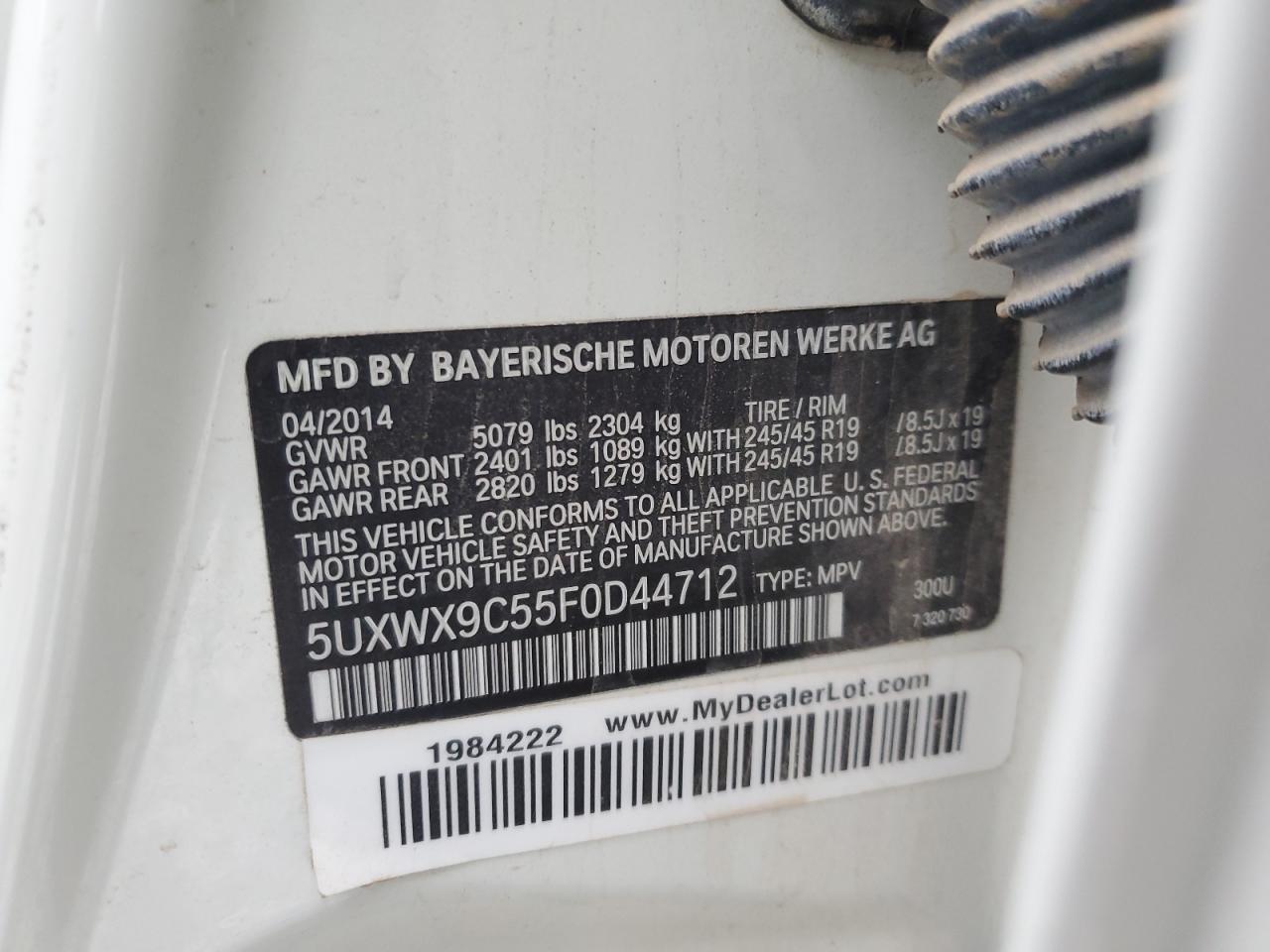 VIN 5UXWX9C55F0D44712 2015 BMW X3 no.13