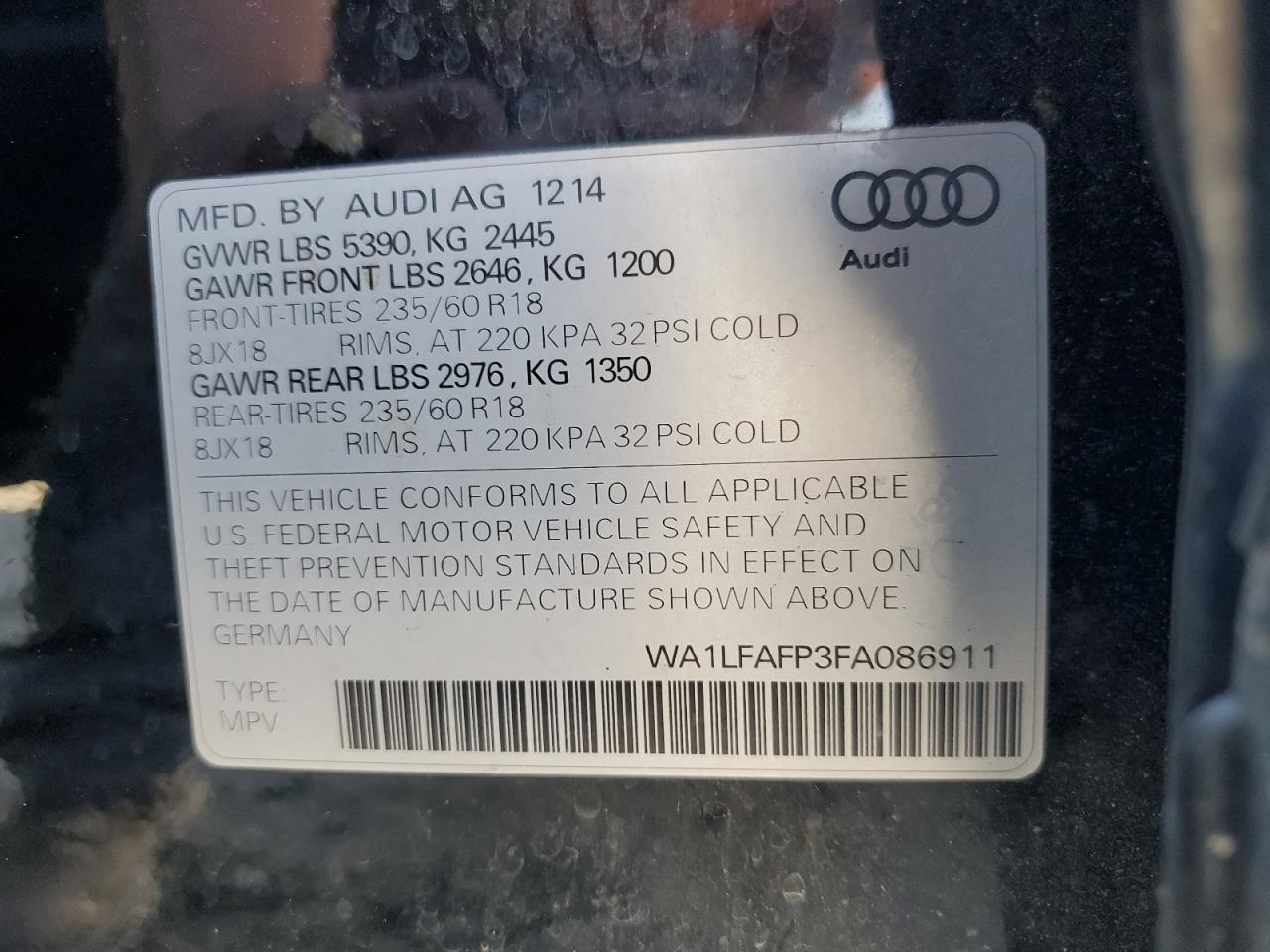 2015 Audi Q5 Premium Plus VIN: WA1LFAFP3FA086911 Lot: 79897364