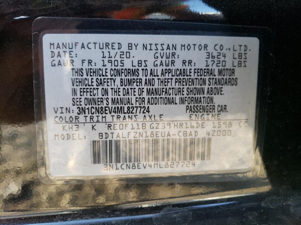 VIN 3N1CN8EV4ML827724 2021 NISSAN VERSA no.12