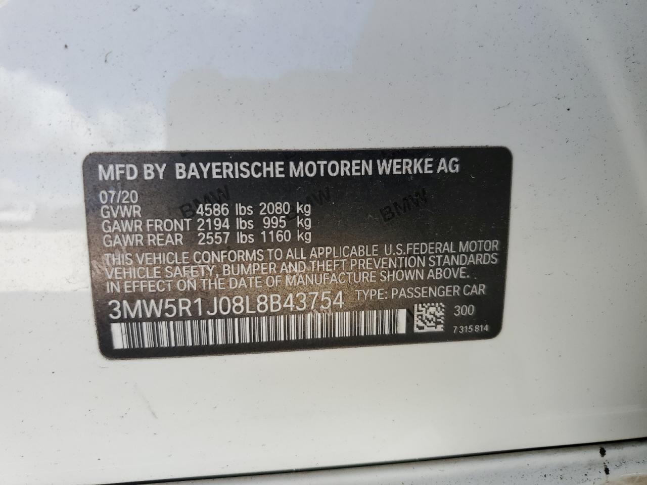 2020 BMW 330I VIN: 3MW5R1J08L8B43754 Lot: 73881924