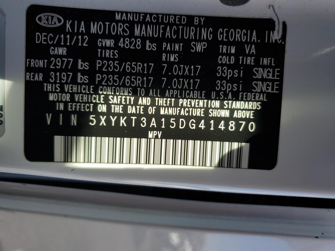 2013 Kia Sorento Lx VIN: 5XYKT3A15DG414870 Lot: 81640554