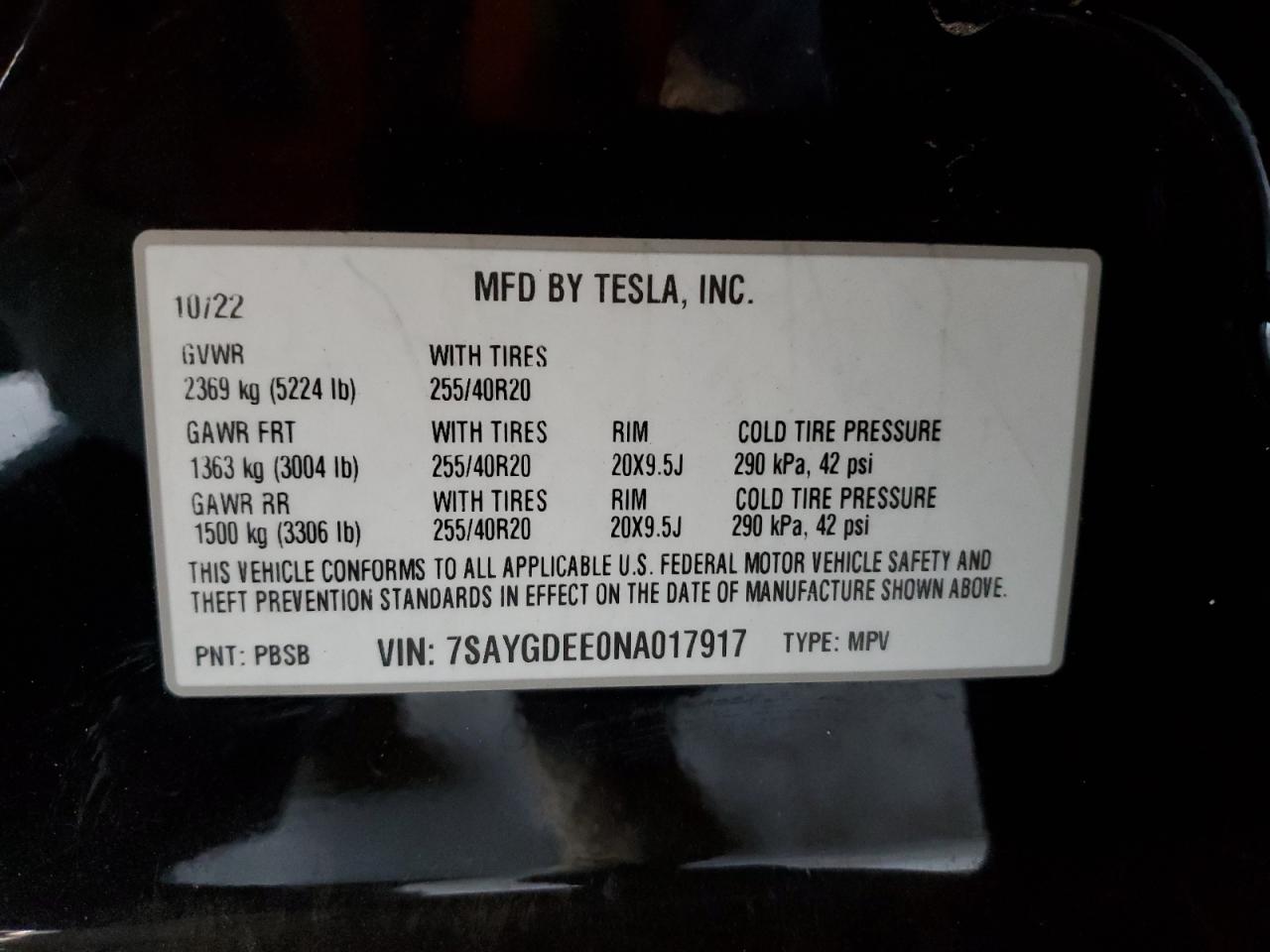 2022 Tesla Model Y VIN: 7SAYGDEE0NA017917 Lot: 80498744