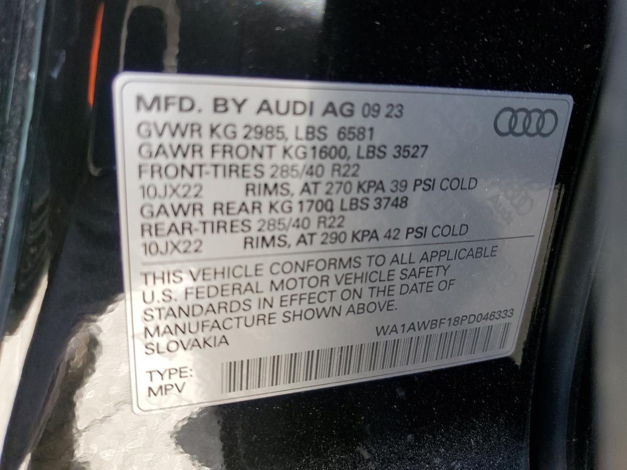 2023 Audi Sq8 Premium Plus VIN: WA1AWBF18PD046333 Lot: 81616984