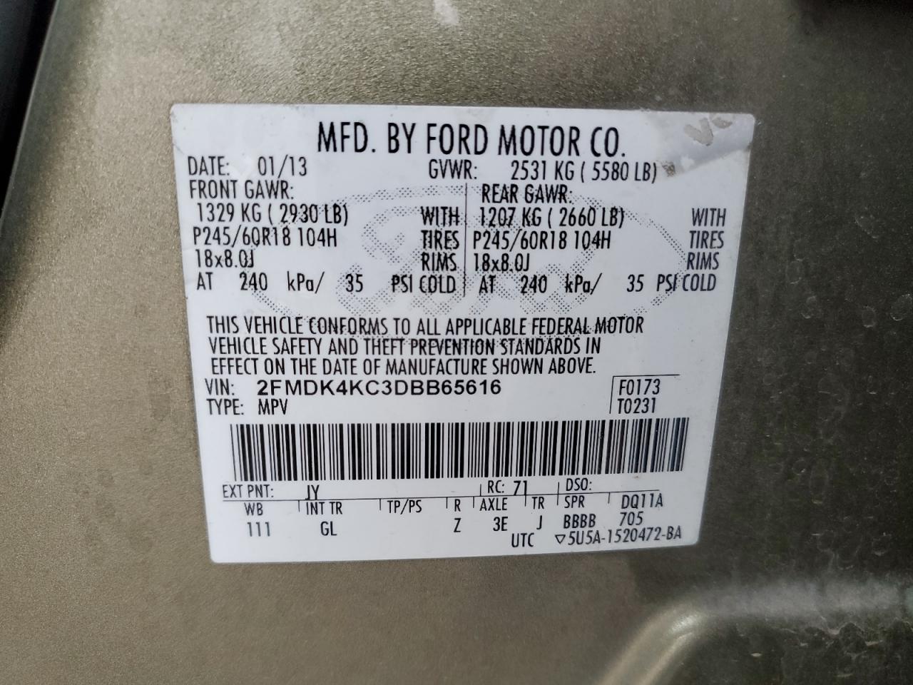 VIN 2FMDK4KC3DBB65616 2013 FORD EDGE no.13