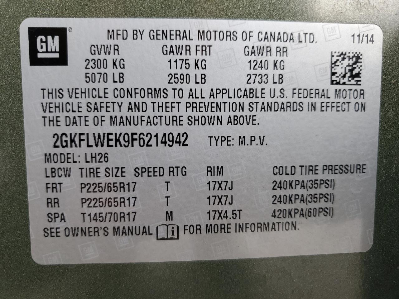 VIN 2GKFLWEK9F6214942 2015 GMC TERRAIN no.14