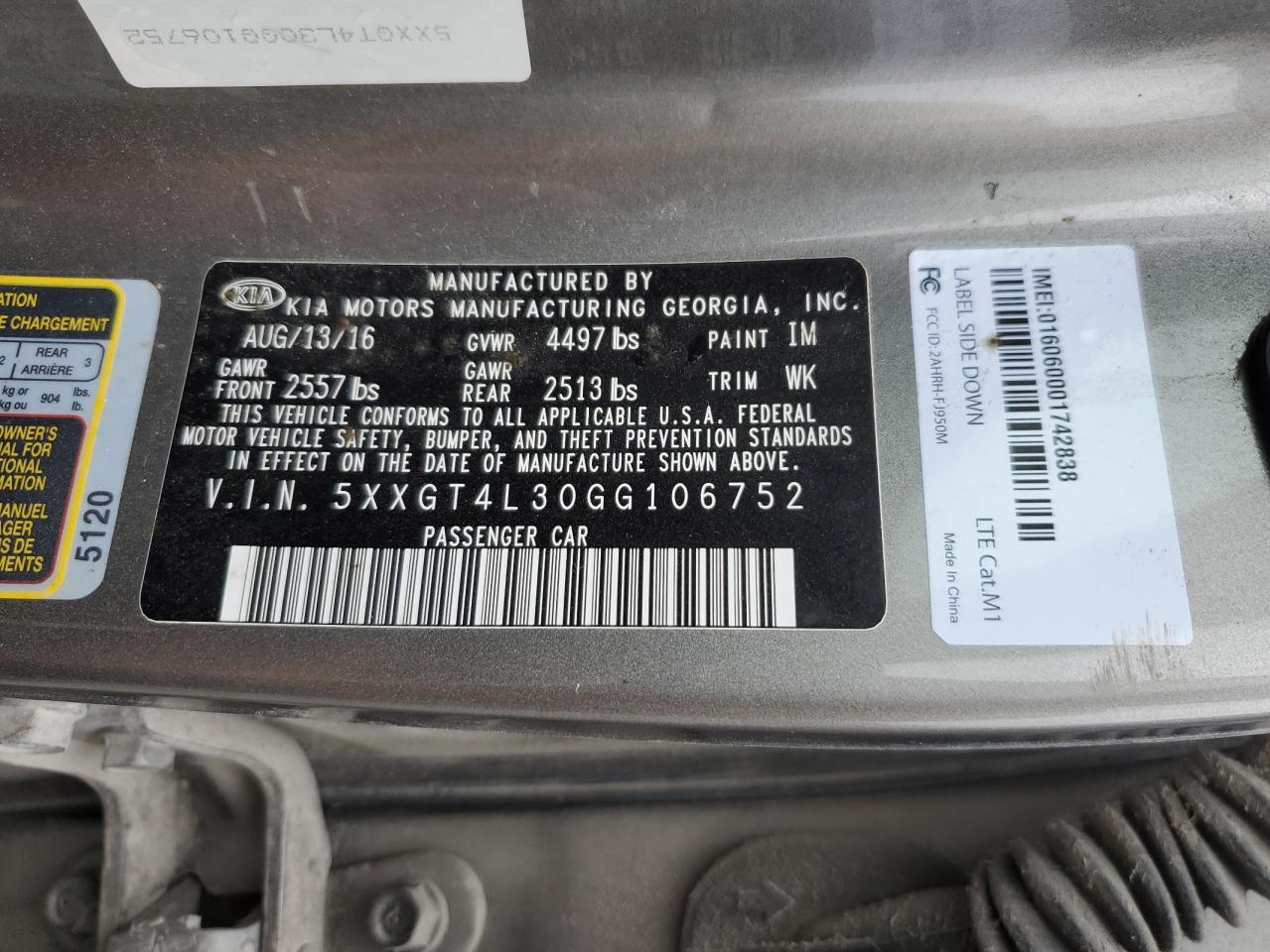 5XXGT4L30GG106752 2016 KIA OPTIMA - Image 12