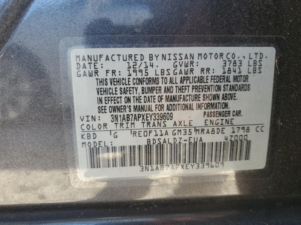 VIN 3N1AB7APXEY339609 2014 NISSAN SENTRA no.13