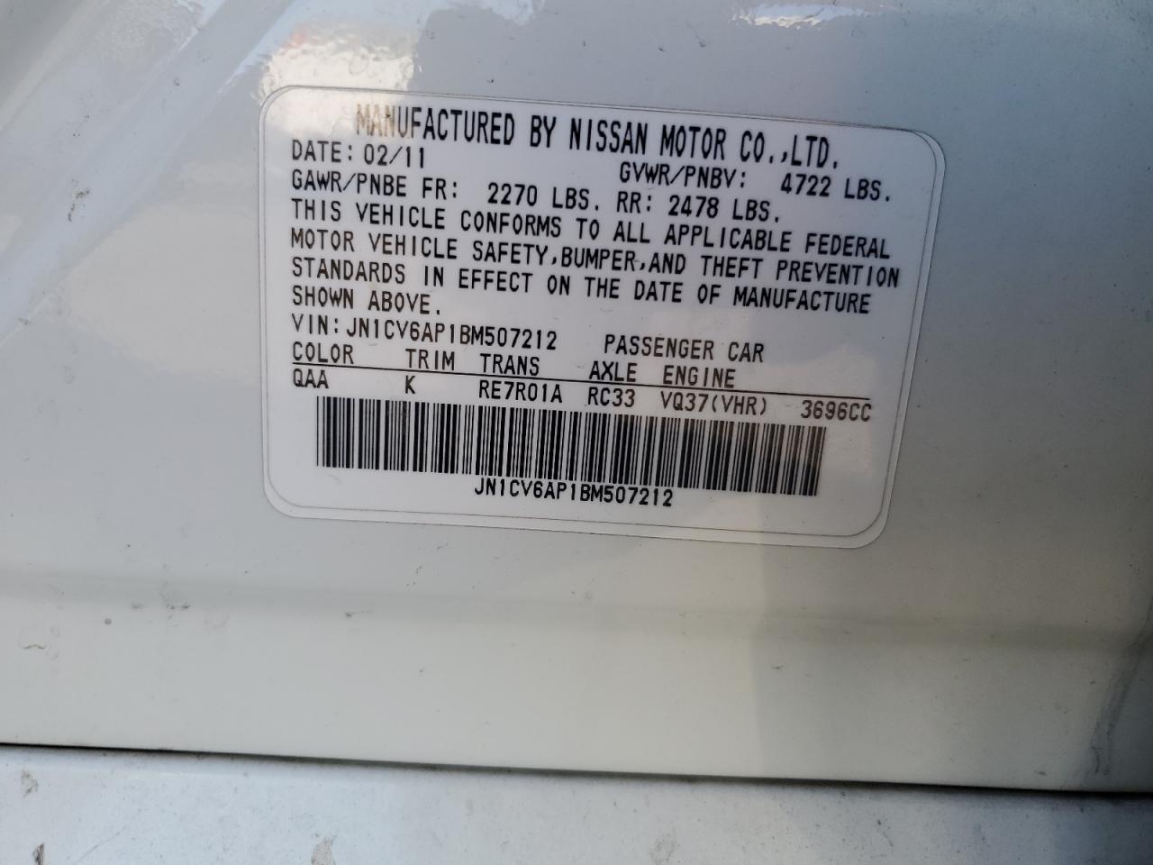 2011 Infiniti G37 Base VIN: JN1CV6AP1BM507212 Lot: 80148694
