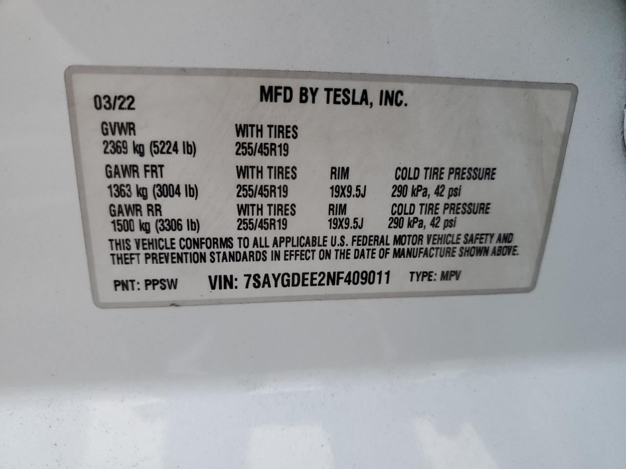 VIN 7SAYGDEE2NF409011 2022 TESLA MODEL Y no.13