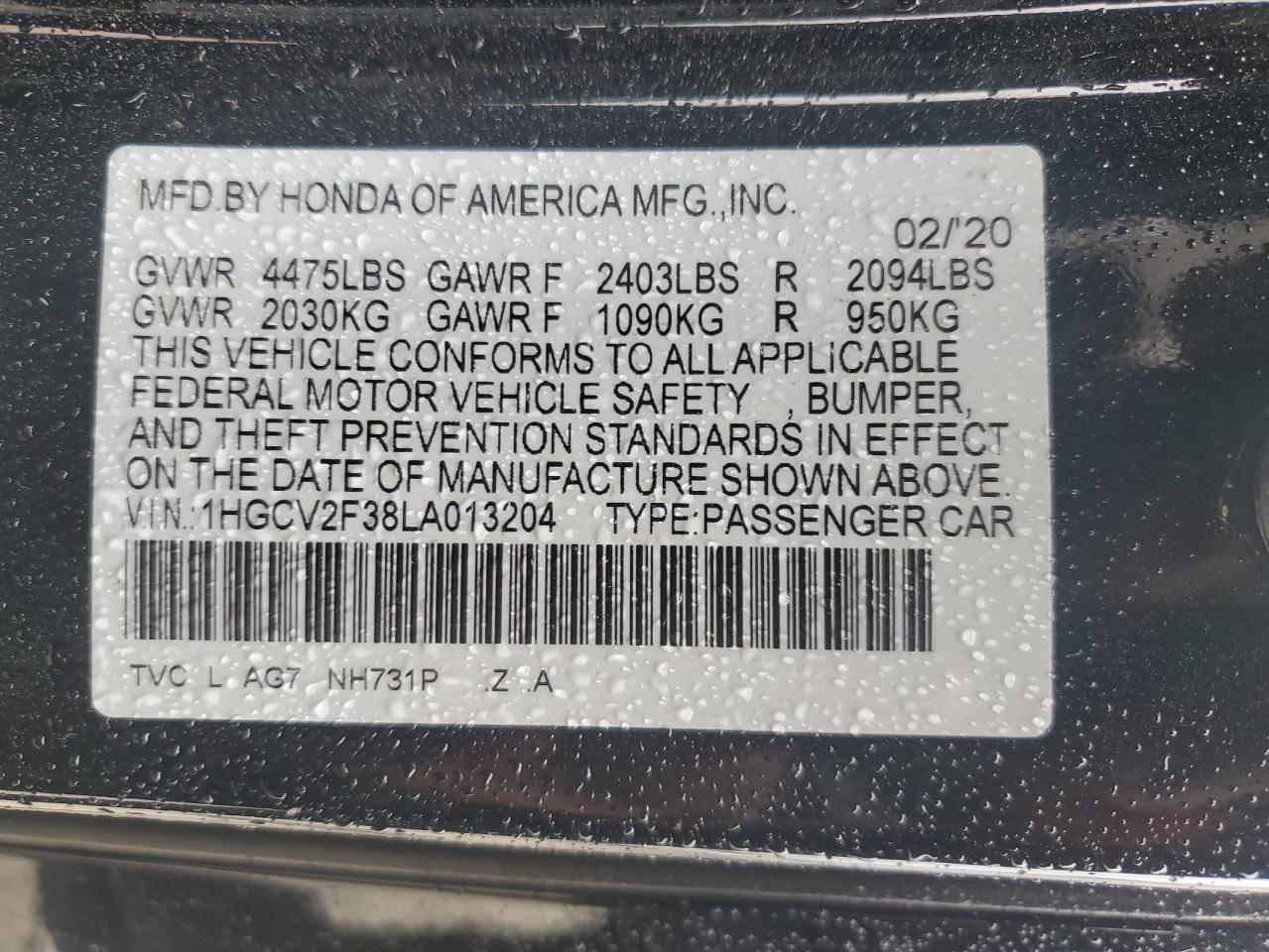 1HGCV2F38LA013204 2020 Honda Accord Sport