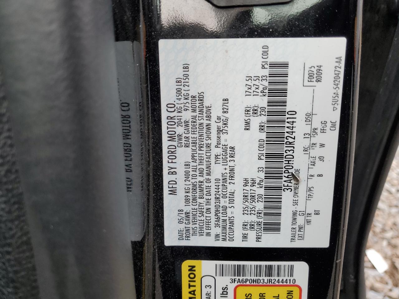 VIN 3FA6P0HD3JR244410 2018 FORD FUSION no.12