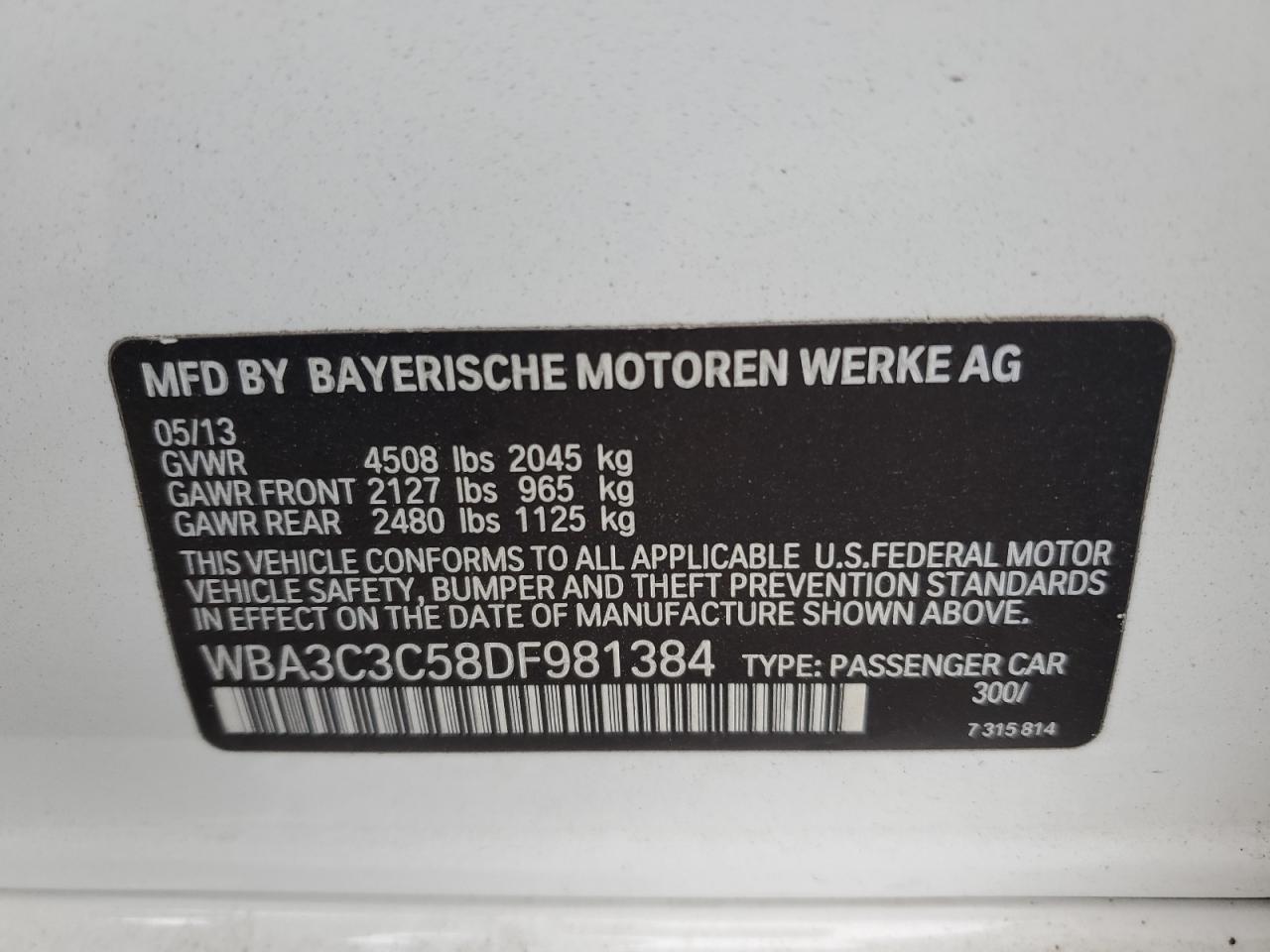 2013 BMW 320 I xDrive VIN: WBA3C3C58DF981384 Lot: 81352314