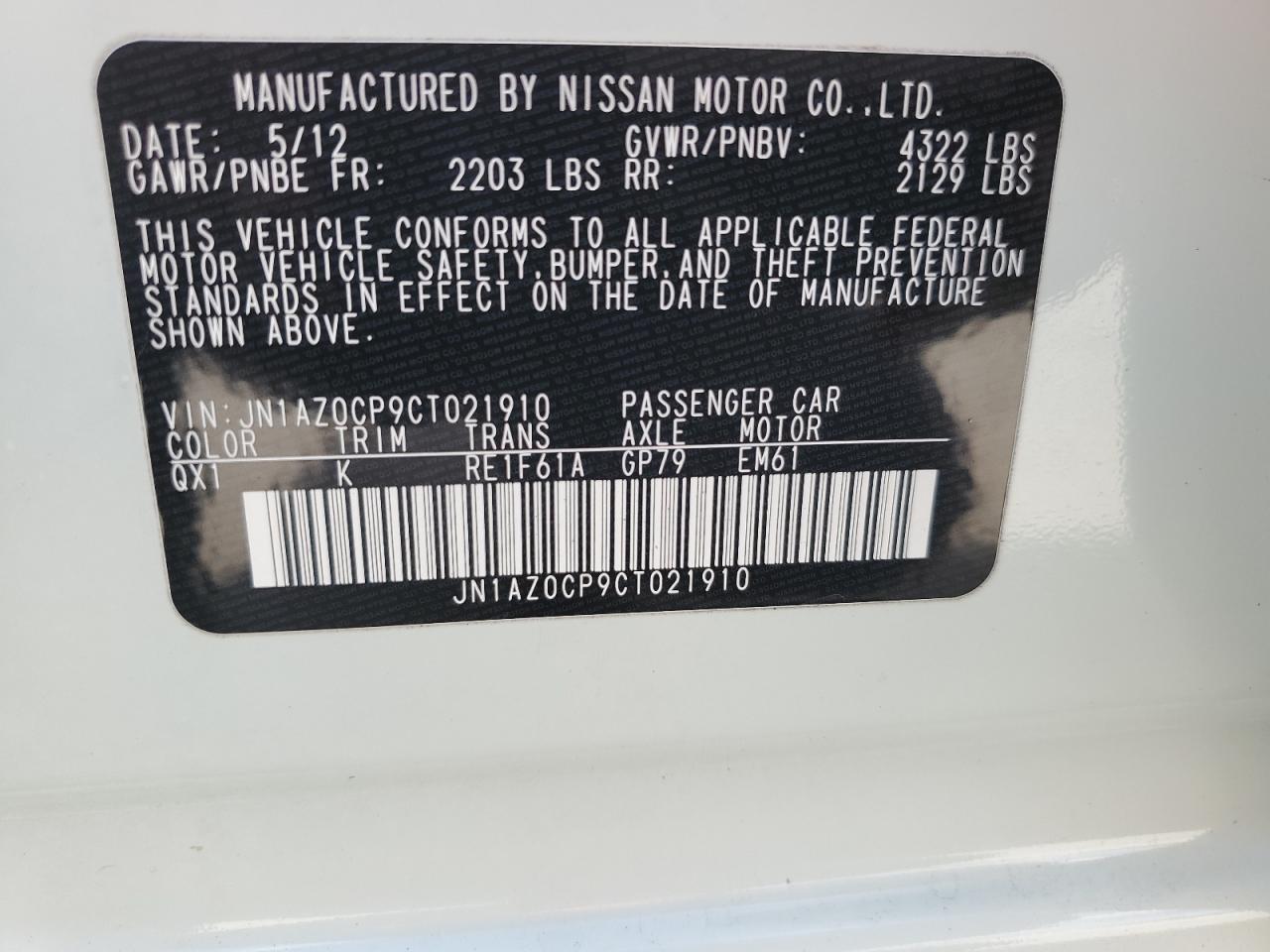 2012 Nissan Leaf Sv VIN: JN1AZ0CP9CT021910 Lot: 82427134