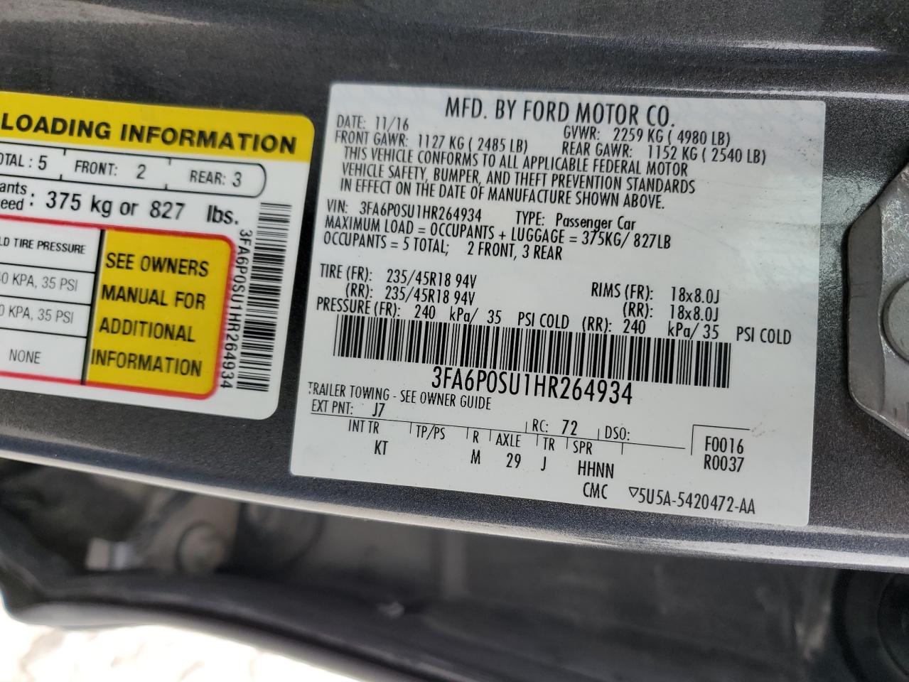 VIN 3FA6P0SU1HR264934 2017 FORD FUSION no.12