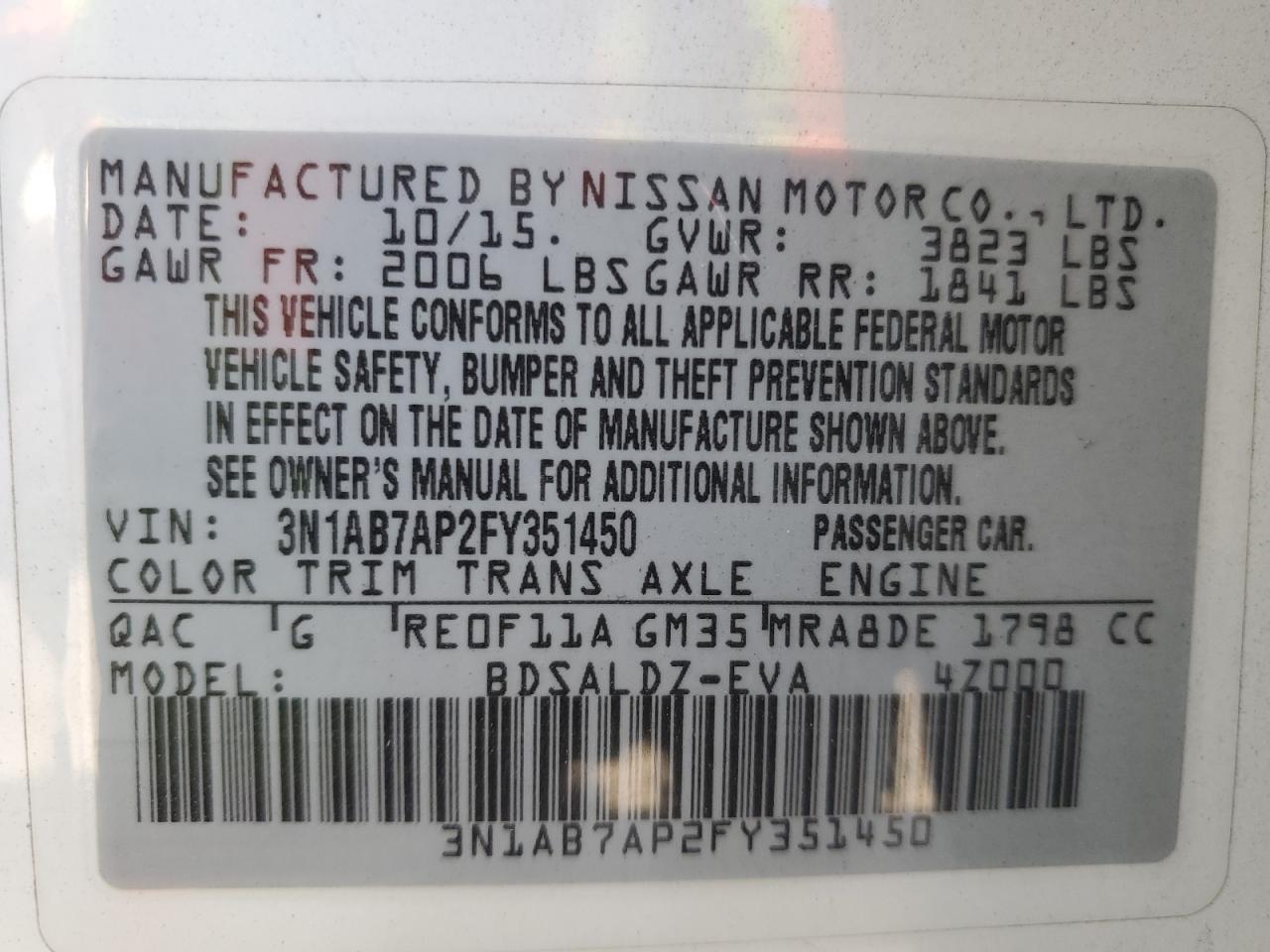 2015 Nissan Sentra S VIN: 3N1AB7AP2FY351450 Lot: 80262464