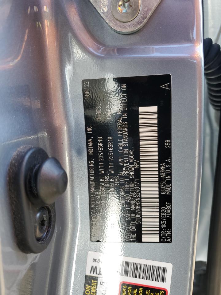 2022 Toyota Highlander Xle VIN: 5TDHZRBH2NS240171 Lot: 80509854