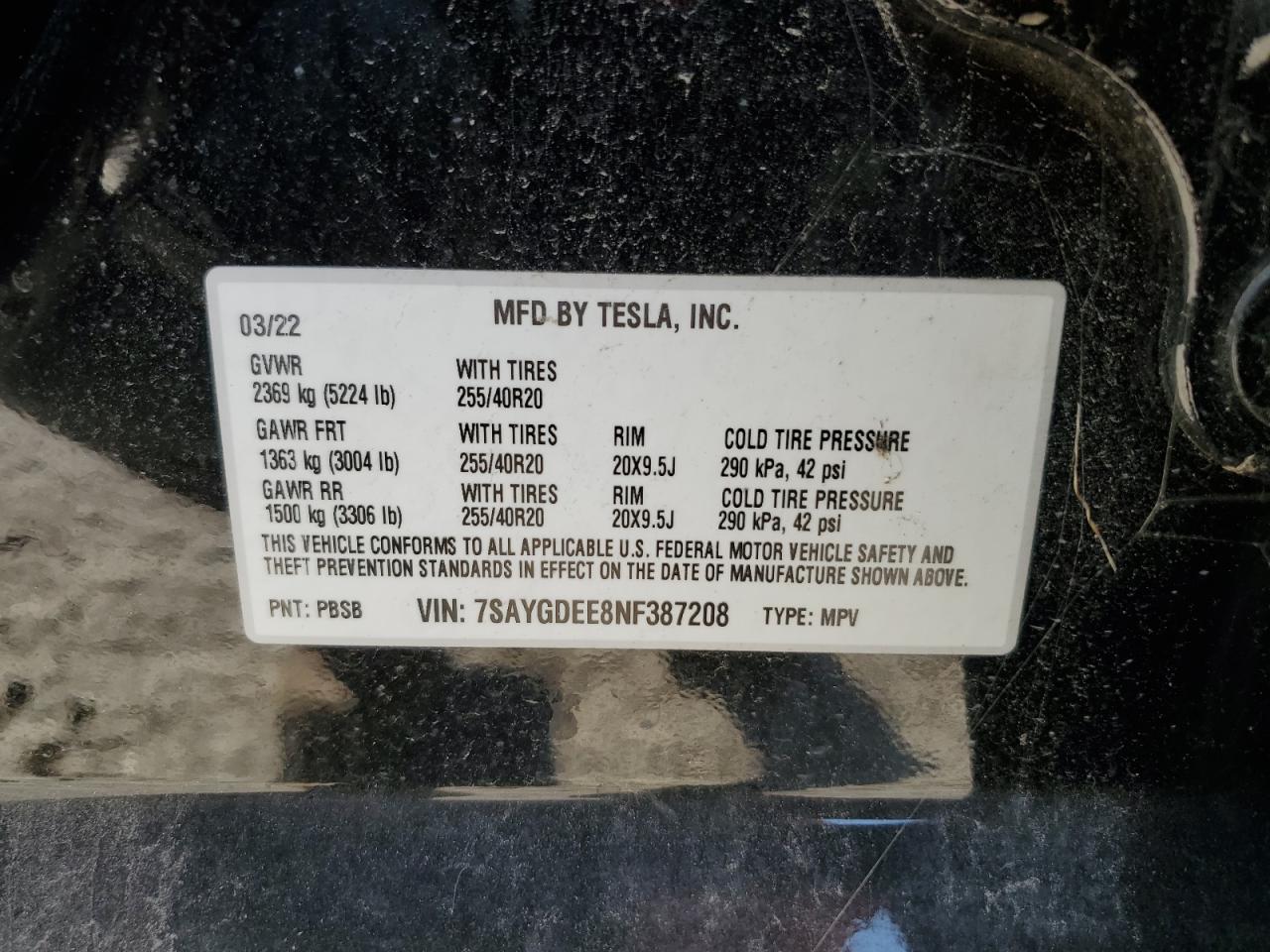 VIN 7SAYGDEE8NF387208 2022 TESLA MODEL Y no.14