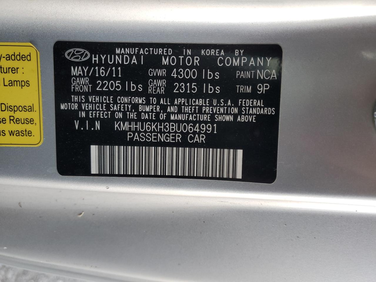 2011 Hyundai Genesis Coupe 3.8L VIN: KMHHU6KH3BU064991 Lot: 80374674