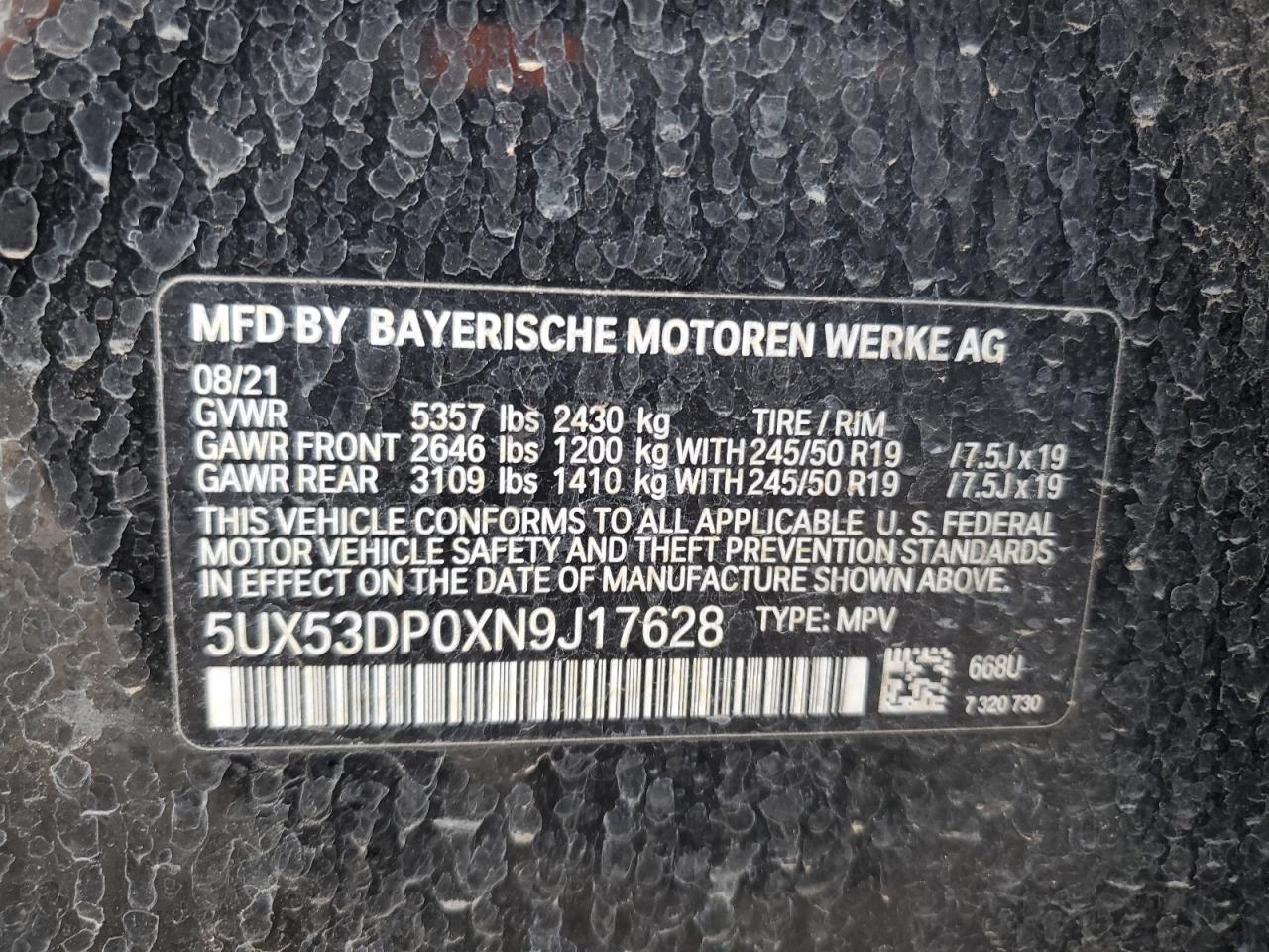 VIN 5UX53DP0XN9J17628 2022 BMW X3 no.13