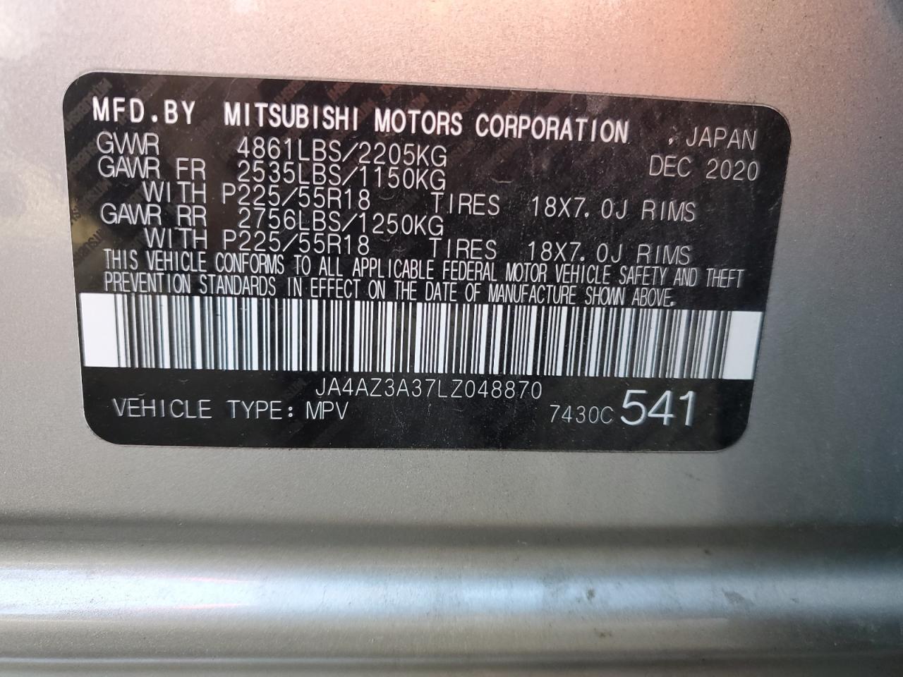 2020 Mitsubishi Outlander Se VIN: JA4AZ3A37LZ048870 Lot: 82290304