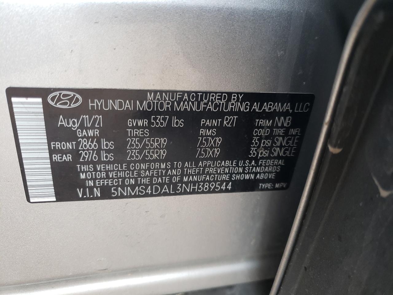 2022 Hyundai Santa Fe Limited VIN: 5NMS4DAL3NH389544 Lot: 79298444