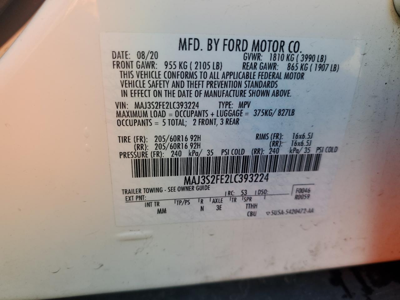 2020 Ford Ecosport S VIN: MAJ3S2FE2LC393224 Lot: 78327894