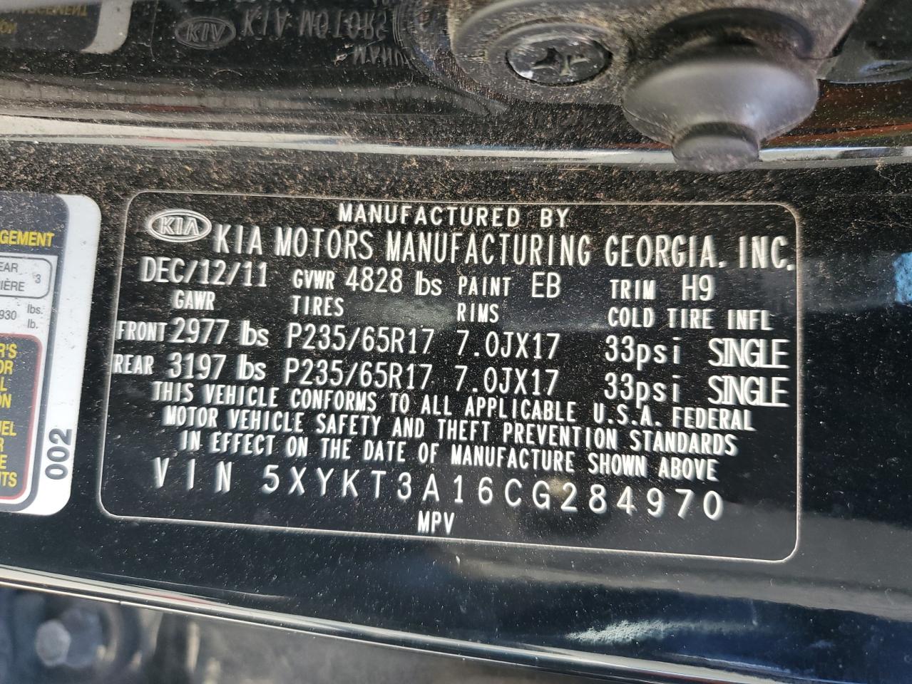 2012 Kia Sorento Base VIN: 5XYKT3A16CG284970 Lot: 80014144