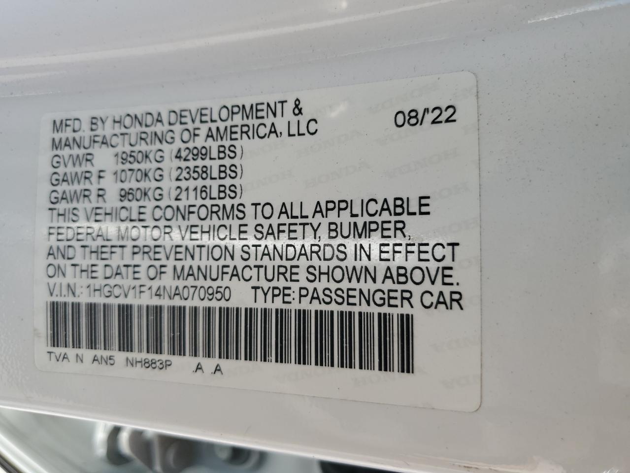 2022 Honda Accord Lx VIN: 1HGCV1F14NA070950 Lot: 79109524