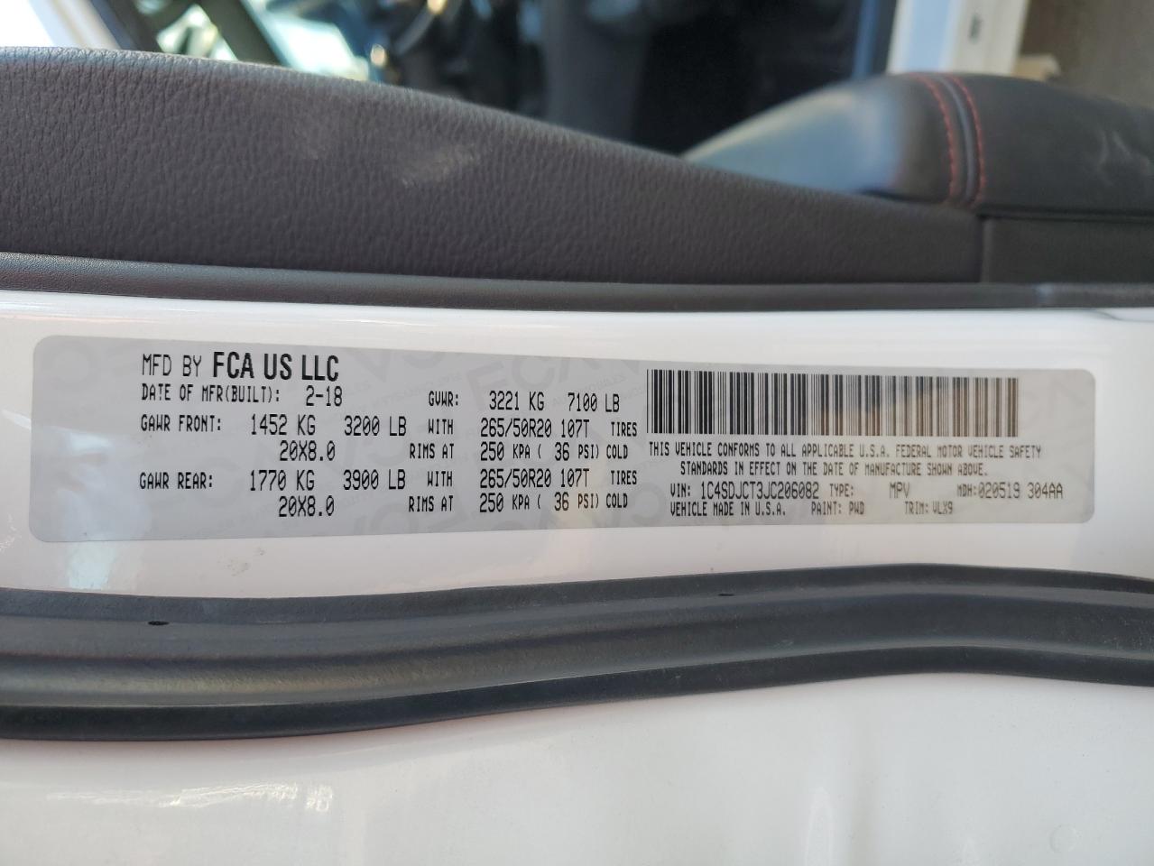 2018 Dodge Durango R/T VIN: 1C4SDJCT3JC206082 Lot: 81727064