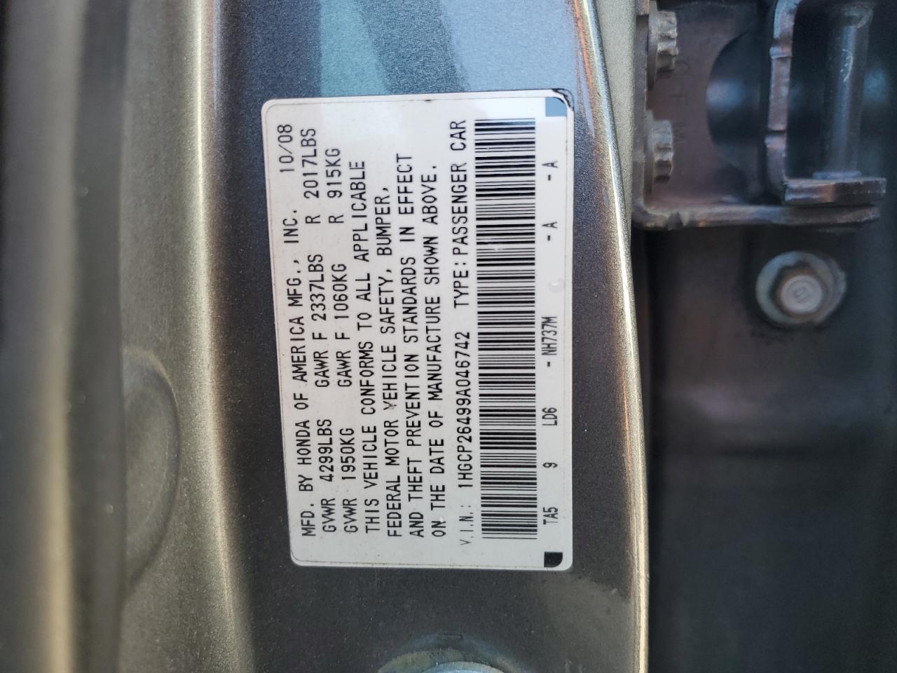 2009 Honda Accord Lxp VIN: 1HGCP26499A046742 Lot: 80389064