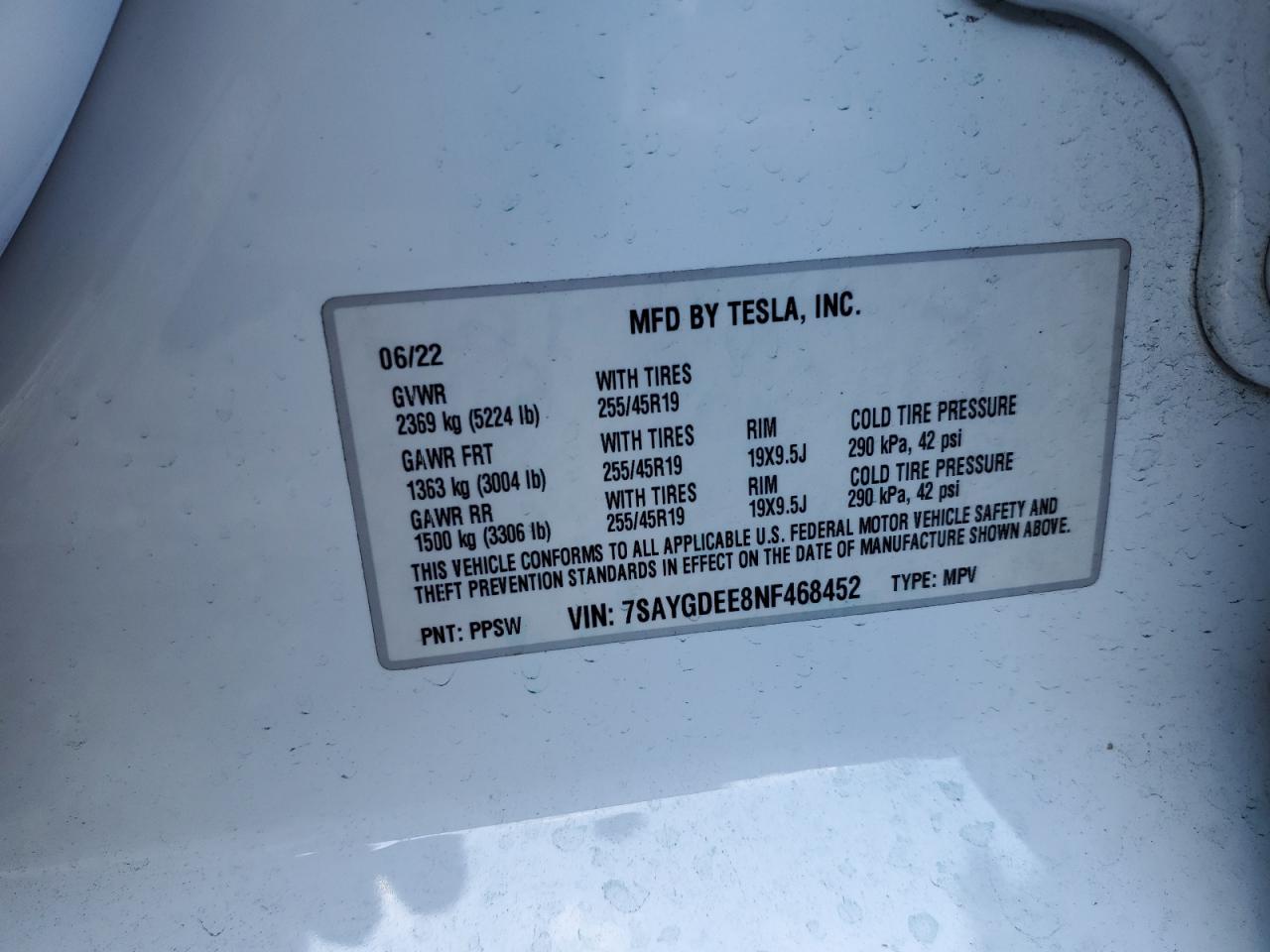 VIN 7SAYGDEE8NF468452 2022 TESLA MODEL Y no.13