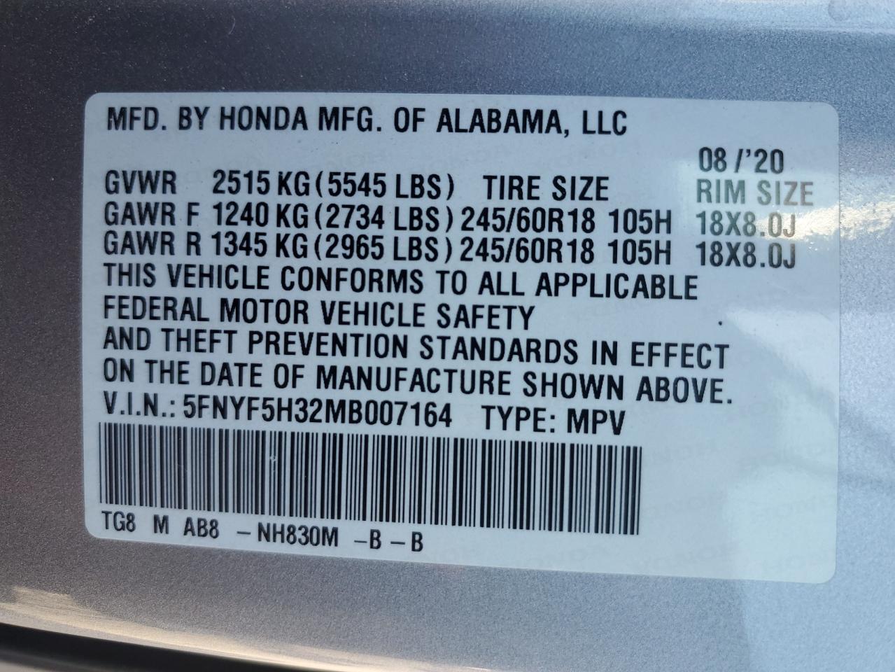 2021 Honda Pilot Ex VIN: 5FNYF5H32MB007164 Lot: 79018974